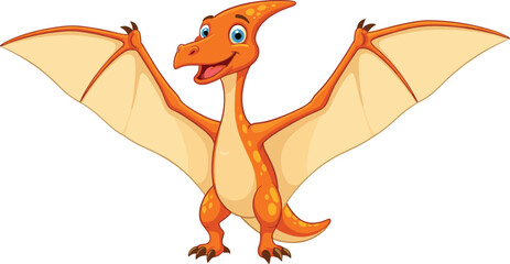 Cartoon pterodactyl flying, orange dinosaur with yellow spots, smiling prehistoric creature, kids illustration, educational dinosaur art, fun, friendly, animated © Amit World