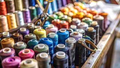Colorful spools of thread in a wooden box