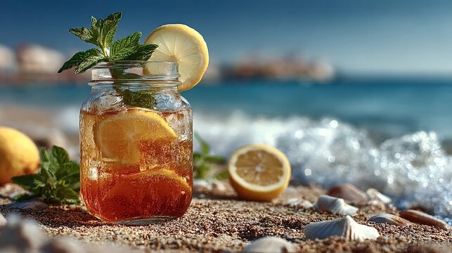 Mason jar glass of iced tea with lemon slices and mint on a sandy beach with seashells and ocean waves providing a refreshing summer beverage experience