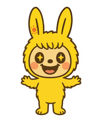 Whimsical Bunny Mascot: A friendly and cheerful bunny mascot, radiates positivity and warmth, standing with arms outstretched and a sparkling smile, embodying happiness.
