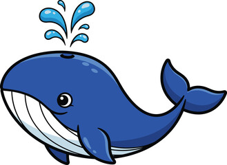 Cartoon blue whale, smiling ocean animal, kids marine illustration, cheerful sea creature, educational vector, water splash, cute underwater character