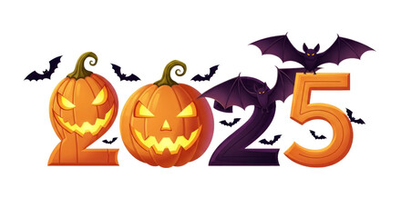 Spooky Halloween 2025 graphic featuring glowing jack-o'-lanterns, purple bats, and numbers, perfect for festive holiday designs.. isolated on transparent background. PNG Clipart Transparent