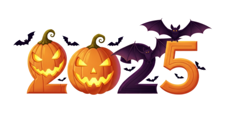 Spooky Halloween 2025 graphic featuring glowing jack-o'-lanterns, purple bats, and numbers, perfect for festive holiday designs.. isolated on transparent background. PNG Clipart Transparent