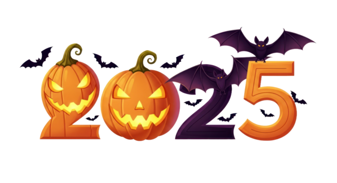 Spooky Halloween 2025 graphic featuring glowing jack-o'-lanterns, purple bats, and numbers, perfect for festive holiday designs.. isolated on transparent background. PNG Clipart Transparent - Powered by Adobe