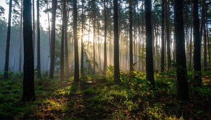 Fototapeta premium Sunlight streams through a misty pine forest