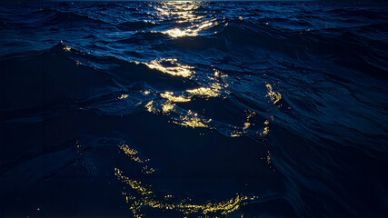 A close-up, low-angle shot of the deep blue sea. The setting sun's light creates scattered, abstract golden reflections on the turbulent wave crests.