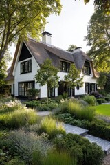 Elegant countryside house surrounded by lush greenery and well-maintained gardens in a serene setting during sunny daylight