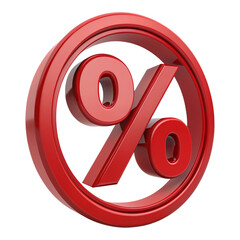 A close up of a shiny red percentage sign with a circular border isolated on a black background