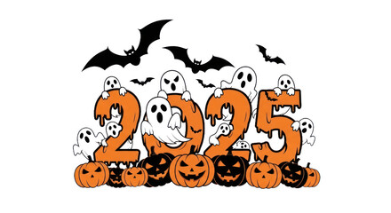 Halloween 2025 Themed Graphic with Spooky Ghosts, Jack-o'-Lanterns, and Flying Bats for Holiday Celebration. isolated on transparent background. Transparent Object PNG
