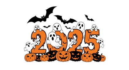 Halloween 2025 Themed Graphic with Spooky Ghosts, Jack-o'-Lanterns, and Flying Bats for Holiday Celebration. isolated on transparent background. Transparent Object PNG