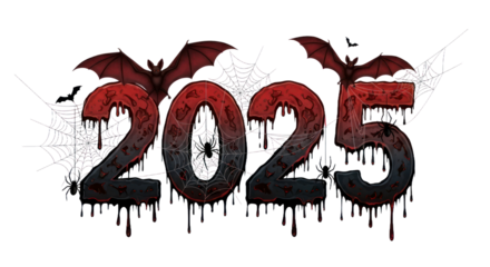 Halloween 2025 Graphic with Horror Elements: Bloody Numbers, Flying Bats, and Creepy Spiderwebs. isolated on transparent background. PNG Isolated Transparent