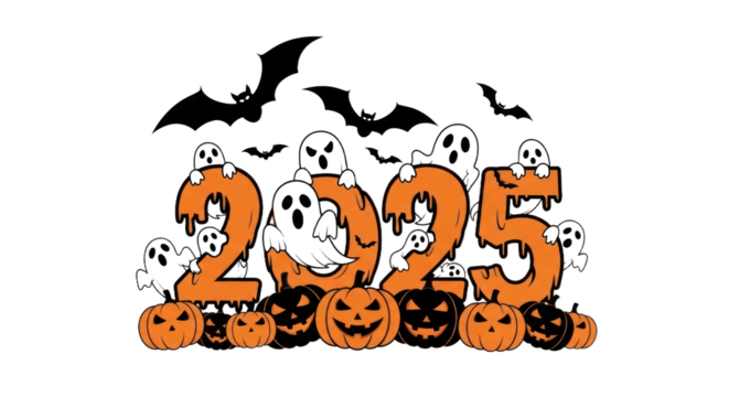 Halloween 2025 Themed Graphic with Spooky Ghosts, Jack-o'-Lanterns, and Flying Bats for Holiday Celebration. isolated on transparent background. Transparent Object PNG