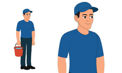 Cartoon Cleaning Man Vector Character Holding Bucket