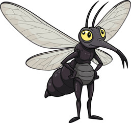Cartoon mosquito vector, anthropomorphic insect character, yellow eyes, confident pose, translucent wings, bug mascot, educational illustration, children’s animal design