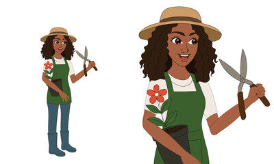 Cartoon Female Gardener Vector Character Holding Plant Tools