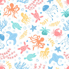 Seamless underwater cartoon pattern of marine life. Aquatic creatures including turtle, jellyfish, starfish, and ocean fauna in colorful style. Playful marine world with summer vibes. Ideal as