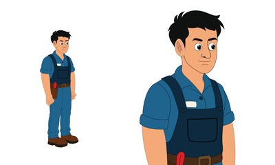 Cartoon Mechanic Vector Character in Uniform with Tools