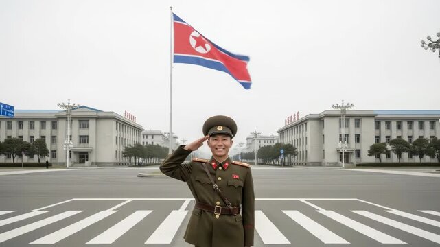 uniformed soldier saluting in front of north korean flag in vast square surrounded by government buildings. national pride and military strength. political commentary on militarism and autocracy
