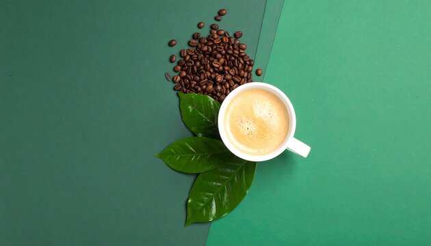 Aromatic coffee presentation featuring beans leaves and elegant cup on green backdrop
