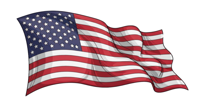 Dynamic Waving American Flag Illustration with Stars and Stripes in Red, White, and Blue. isolated on transparent background. PNG Transparent Background