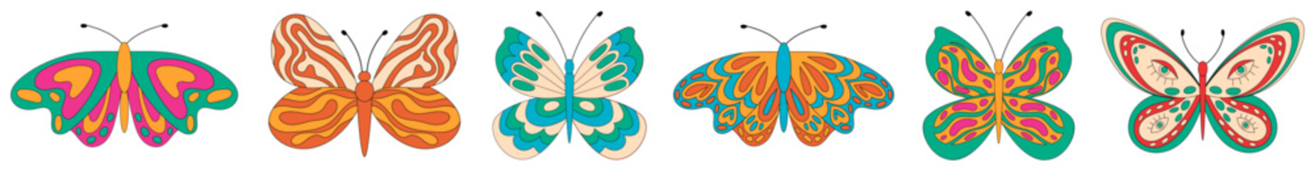 Groovy y2k butterfly seamless border in funky and colorful floral pattern. Graphic style with retro inspiration, modern vibe for trendy backgrounds or fabric. Vibrant motif with artistic edge.