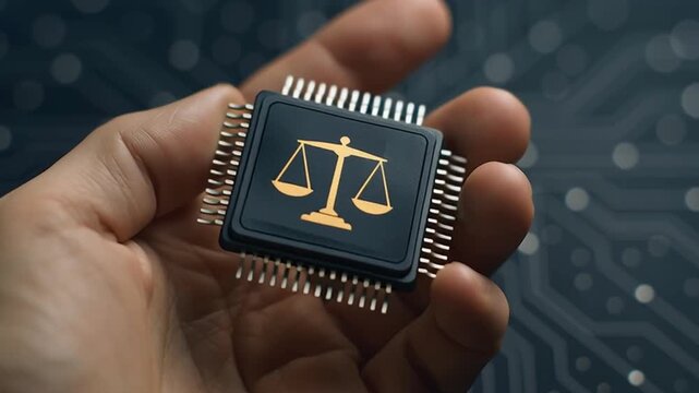 Ethical AI Concept With Justice Scale On Microchip