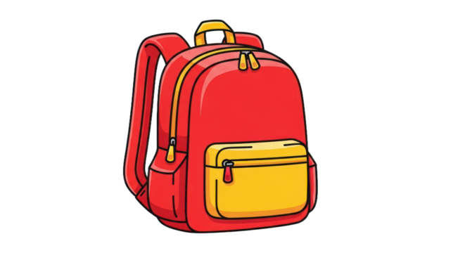Vibrant Red and Yellow Cartoon Backpack Illustration with Zippers and Front Pocket, Isolated on Transparent Background. isolated on transparent background. Background PNG Transparent - Powered by Adobe