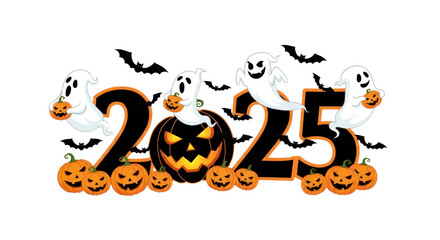 Halloween 2025 Illustration with Playful Ghosts, Carved Pumpkins, and Flying Bats. isolated on transparent background. PNG Without Background