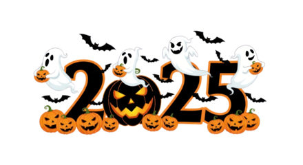 Halloween 2025 Illustration with Playful Ghosts, Carved Pumpkins, and Flying Bats. isolated on transparent background. PNG Without Background