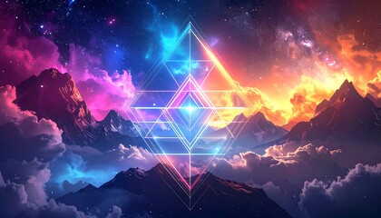 Cosmic mountain landscape with geometric design