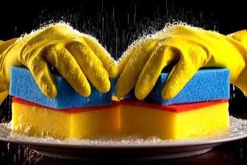 Hands in yellow gloves squeeze colorful sponges releasing bubbles above a white plate during a vibrant cleaning activity