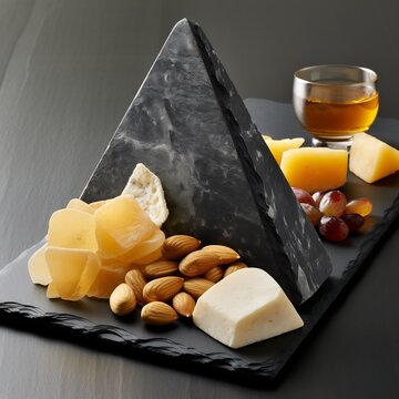 "Deconstructed cheese board pyramid with quince paste, marcona almonds and honeycomb, slate background - gourmet