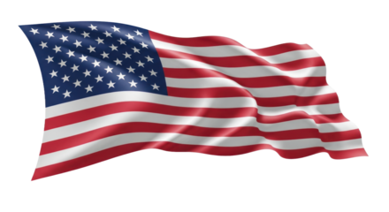 Vibrant American Flag Waving with Dynamic Flow, Showcasing Bright Red, White, and Blue Stripes and Stars, Symbolizing Patriotism and Unity, Captured with Rich Fabric Texture, Isolated.. isolated on tr