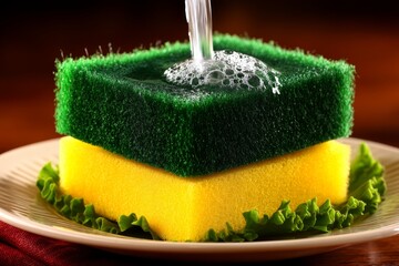 Colorful sponge stacked on a plate with water pouring on top creating bubbles and surrounded by lettuce