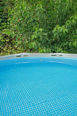Frame swimming pool with with water against the background of a tree in the garden. Relaxation.