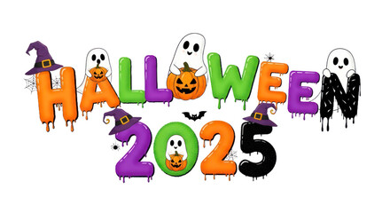 Festive Halloween 2025 Typography with Dripping Letters, Cute Ghosts, Pumpkins, Witch Hats, and Spiders, Isolated Spooky Celebration Graphic. isolated on transparent background