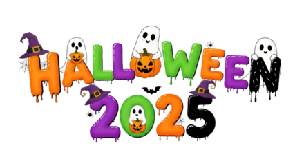 Festive Halloween 2025 Typography with Dripping Letters, Cute Ghosts, Pumpkins, Witch Hats, and Spiders, Isolated Spooky Celebration Graphic. isolated on transparent background
