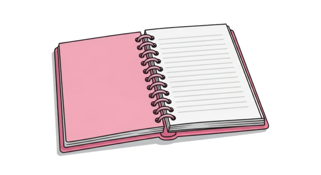 Open Pink Spiral Notebook with Lined Pages Illustration. isolated on transparent background. PNG Without Background