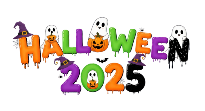 Festive Halloween 2025 Typography with Dripping Letters, Cute Ghosts, Pumpkins, Witch Hats, and Spiders, Isolated Spooky Celebration Graphic. isolated on transparent background