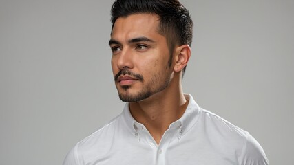 Obraz premium Handsome Hispanic man in plain white background, side view looking on the right