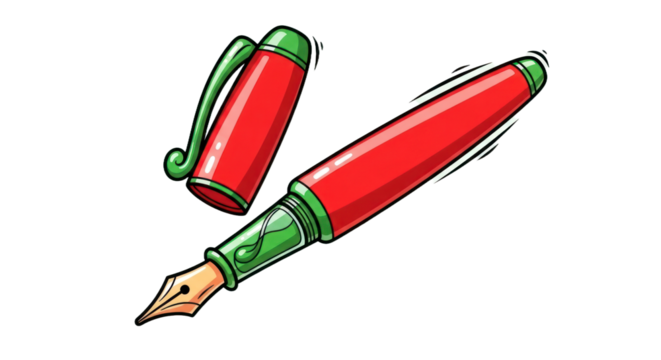 Vibrant Red and Green Fountain Pen Illustration with Uncapped Design, Isolated on Transparent Background for Stationery Graphics and Creative Projects. isolated on transparent background