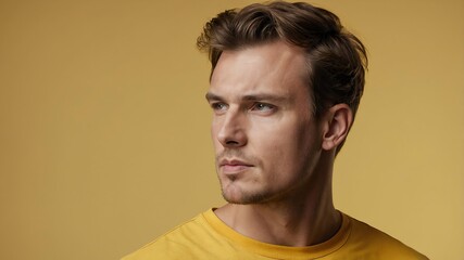 Fototapeta premium Handsome Caucasian man in plain yellow background, side view looking on the right