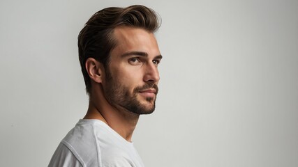 Fototapeta premium Handsome Caucasian man in plain white background, side view looking on the right