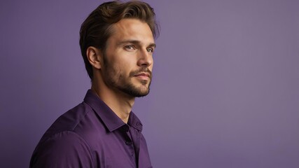 Obraz premium Handsome Caucasian man in plain purple background, side view looking on the right