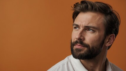 Fototapeta premium Handsome Caucasian man in plain orange background, side view looking on the right