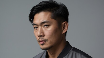 Obraz premium Handsome Asian man in plain gray background, side view looking on the right
