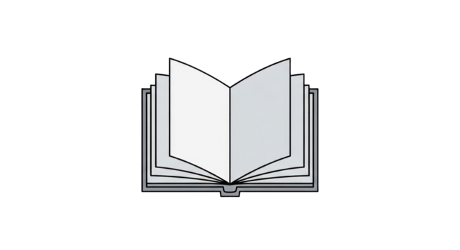 Minimalist Vector Icon of an Open Book with Blank White and Grey Pages, Symbolizing Knowledge, Learning, Education, Reading, and Storytelling for Graphic Design and Digital Media.. isolated on transpa
