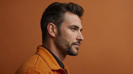 Fototapeta premium Handsome American man in plain orange background, side view looking on the right