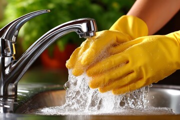 Washing hands with gloves under running water in a kitchen sink during daylight hours