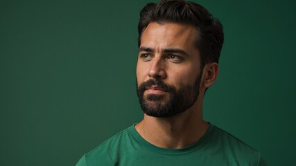 Fototapeta premium Handsome American man in plain green background, side view looking on the right